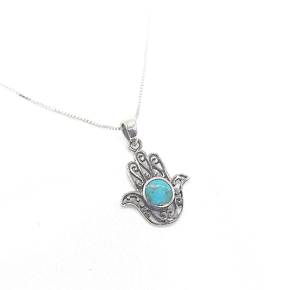 Sterling Silver Filagree Hamsa Hand Genuine Turquoise Pendant Necklace - ITALY - Picture 3 of 7